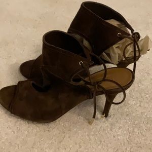 Aquazzura Sexy Thing brown suede peep toe heels sandals. Size 37. EUC